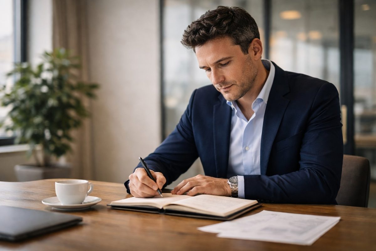 Un dirigeant concentré, seul à son bureau, écrit dans un carnet ouvert. Ambiance studieuse, bureau moderne.