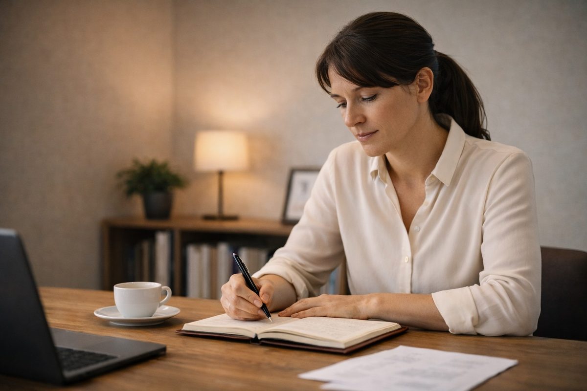 Une dirigeante prend des notes dans son carnet pendant une session de travail, ordinateur portable ouvert à côté. Ambiance bureau chaleureux.