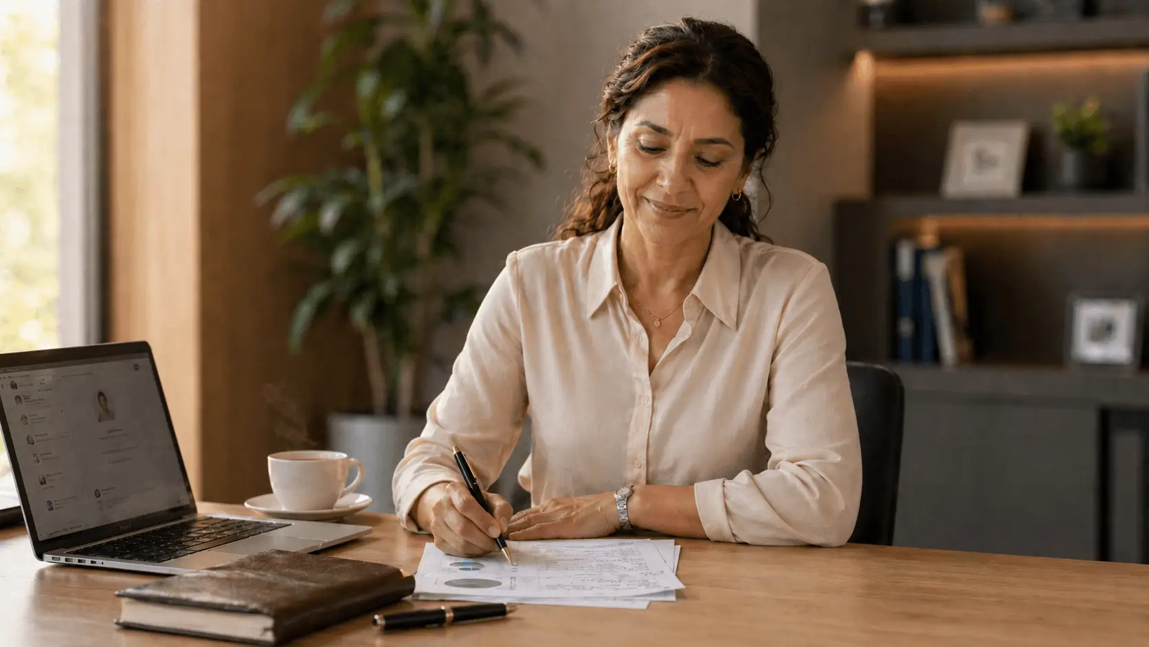Dirigeant qui prépare un rendez-vous commercial avec méthode : fiche d'objectifs, questions cadrées, plan en place avant l'entretien