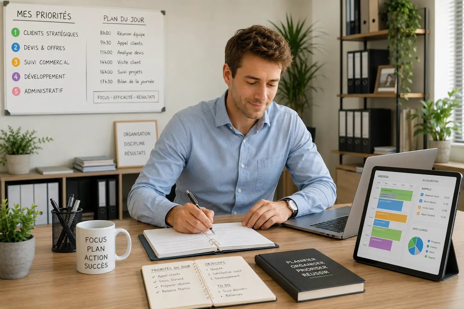 Le même dirigeant après le Module 10 : agenda apaisé, créneau commercial sanctuarisé, tableau de pilotage simple à l'écran — une journée pilotée et sereine