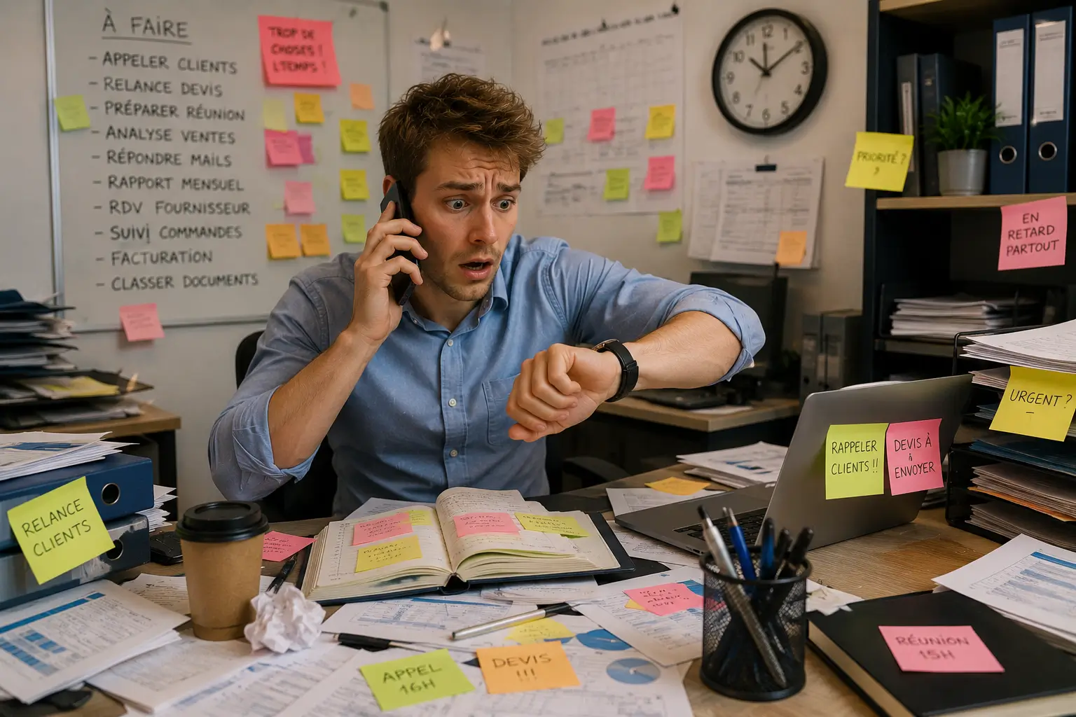 Un dirigeant débordé devant son écran : agenda saturé, smartphone qui sonne, post-it qui s'accumulent — une journée subie où le commercial n'arrive jamais
