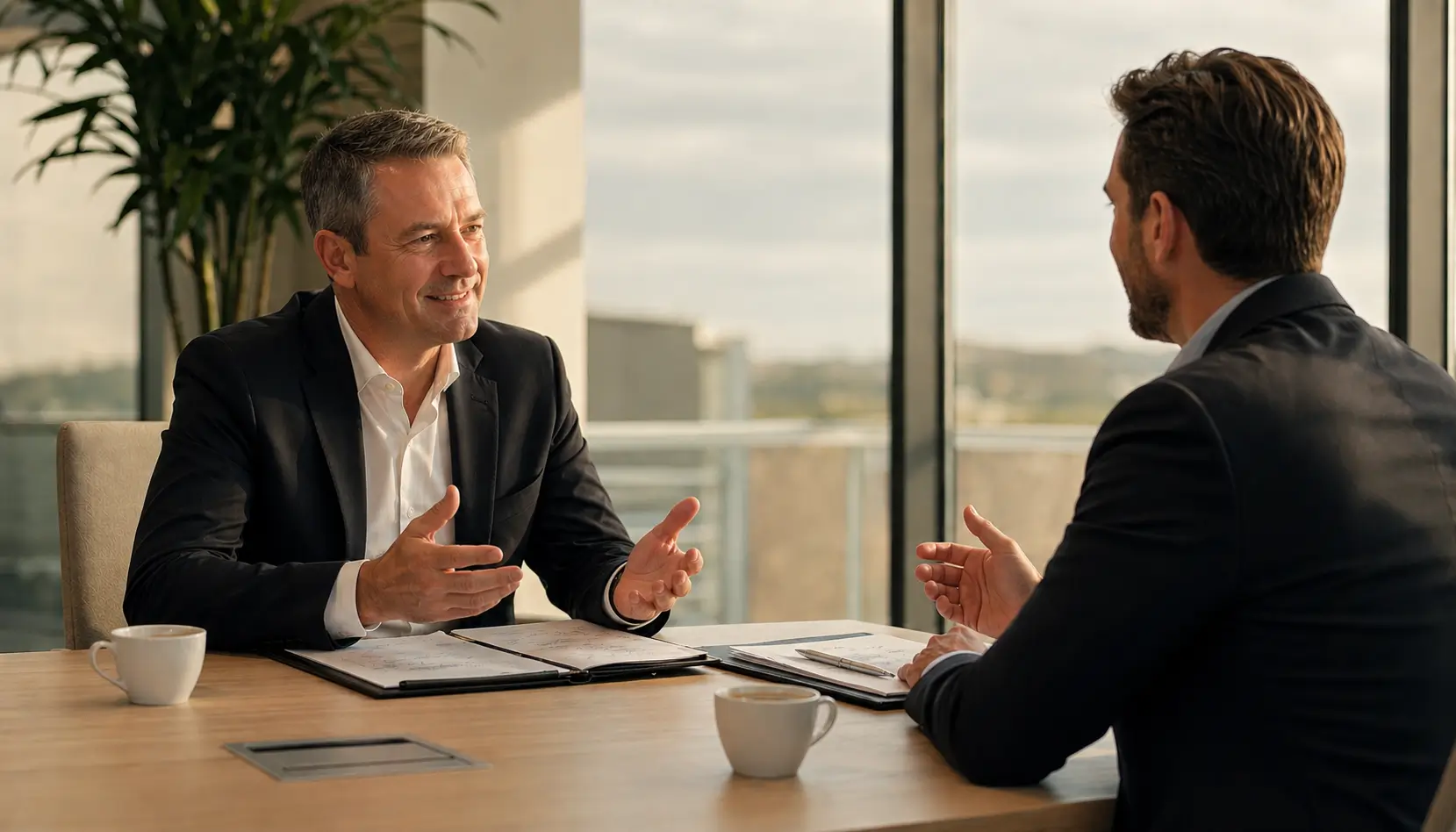Rendez-vous commercial après application de la méthode : dirigeant et prospect en pleine discussion engagée, climat de confiance instauré, dossiers ouverts et notes prises