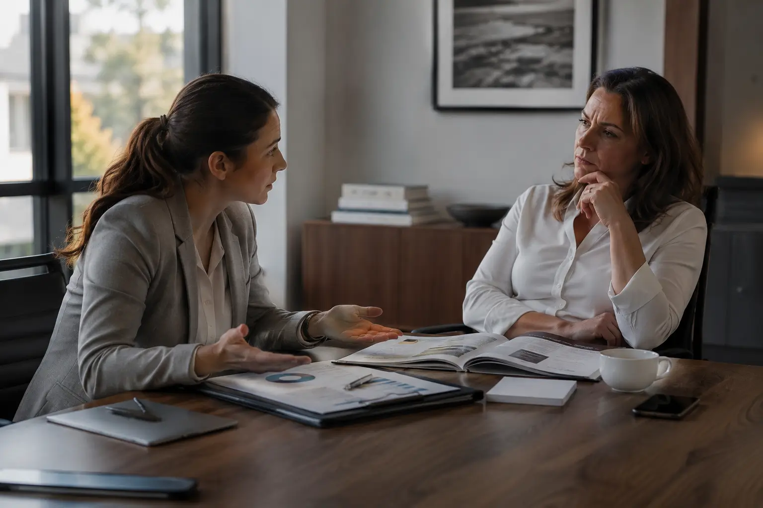 Présentation sans préparation : un dirigeant parle de son offre face à un prospect attentif mais distant, l'échange manque d'accroche et reste poli sans déclic