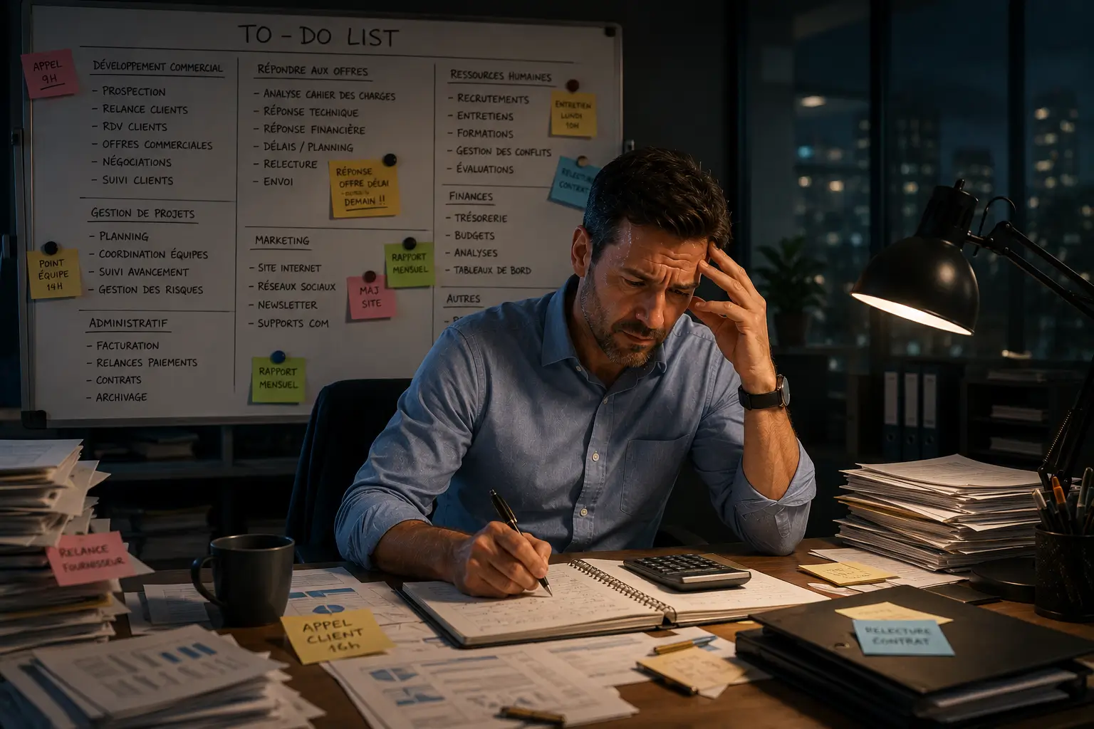 Dirigeant TPE débordé par les tâches commerciales répétitives — préparation de mails, analyse de fichiers, rédaction de relances — sans utiliser l'IA
