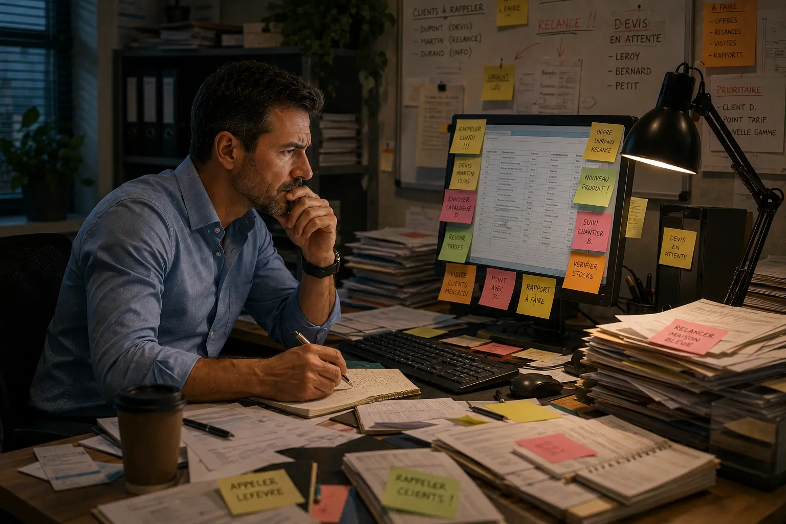 Bureau d'un dirigeant TPE encombré de post-it, mails et tableurs dispersés — suivi commercial éclaté entre plusieurs supports